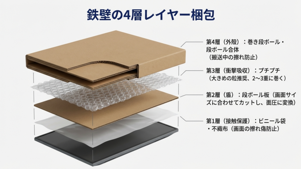 画面保護のための4層構造図解。第1層ビニール、第2層段ボール板、第3層プチプチ、第4層巻き段ボールの順序。