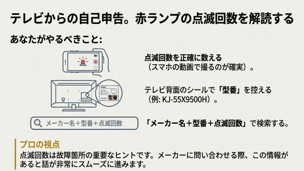 テレビの赤ランプ点滅回数を動画で撮影し、型番とセットで検索・問い合わせる手順