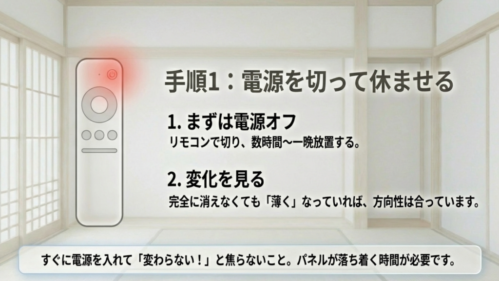 リモコンで電源を切り、数時間から一晩放置して液晶パネルを休ませる手順のイラスト。