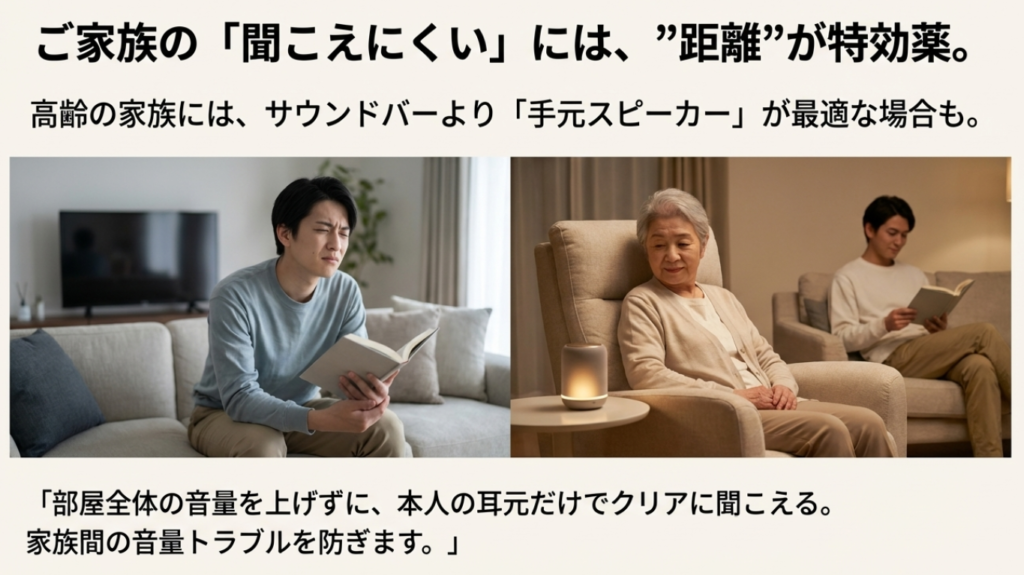 テレビの音量を上げずに、手元スピーカーを使って耳元でクリアな音声を聞く高齢者のイメージ画像。