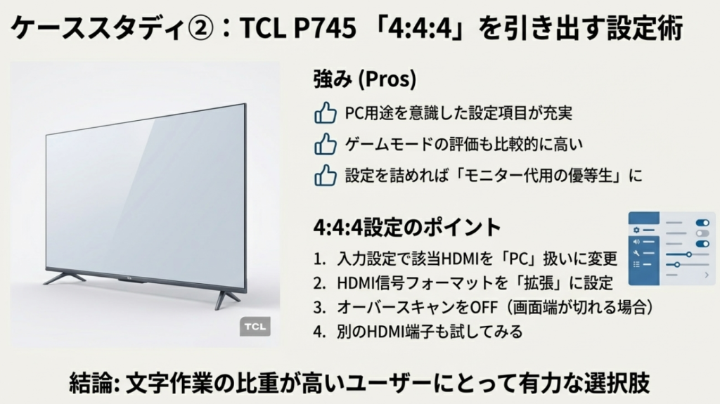 TCL製テレビ（P745など）で文字滲みを防ぐ4:4:4設定の手順。入力設定をPCに変更し、HDMI信号フォーマットを拡張にする方法。