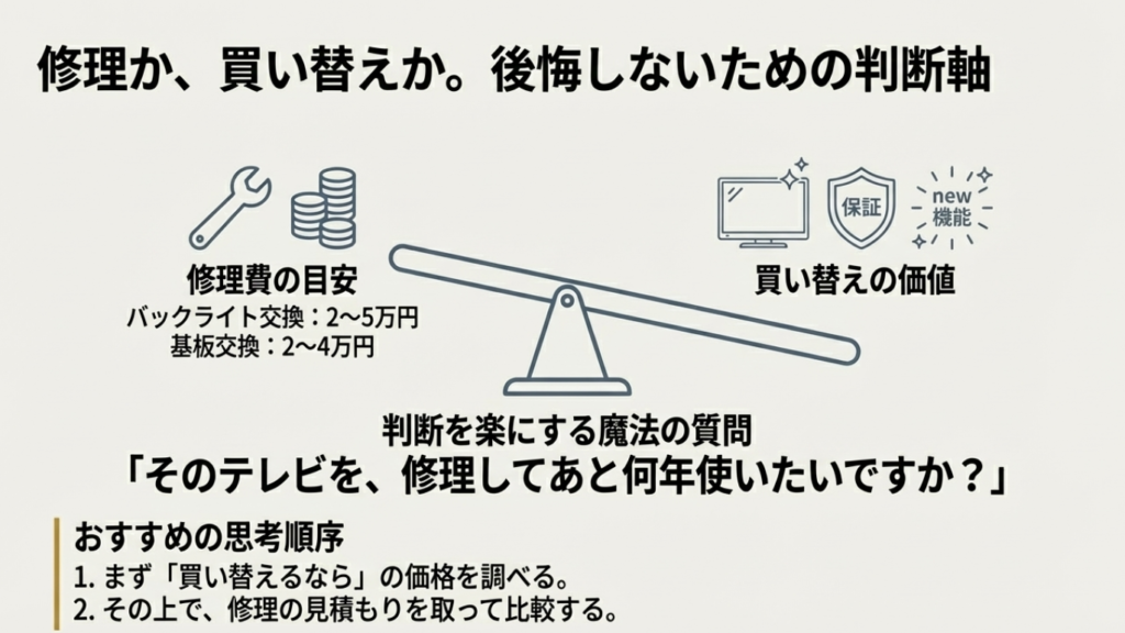 液晶テレビのバックライト・基板交換費用目安と買い替えの価値を比較する天秤のイラスト