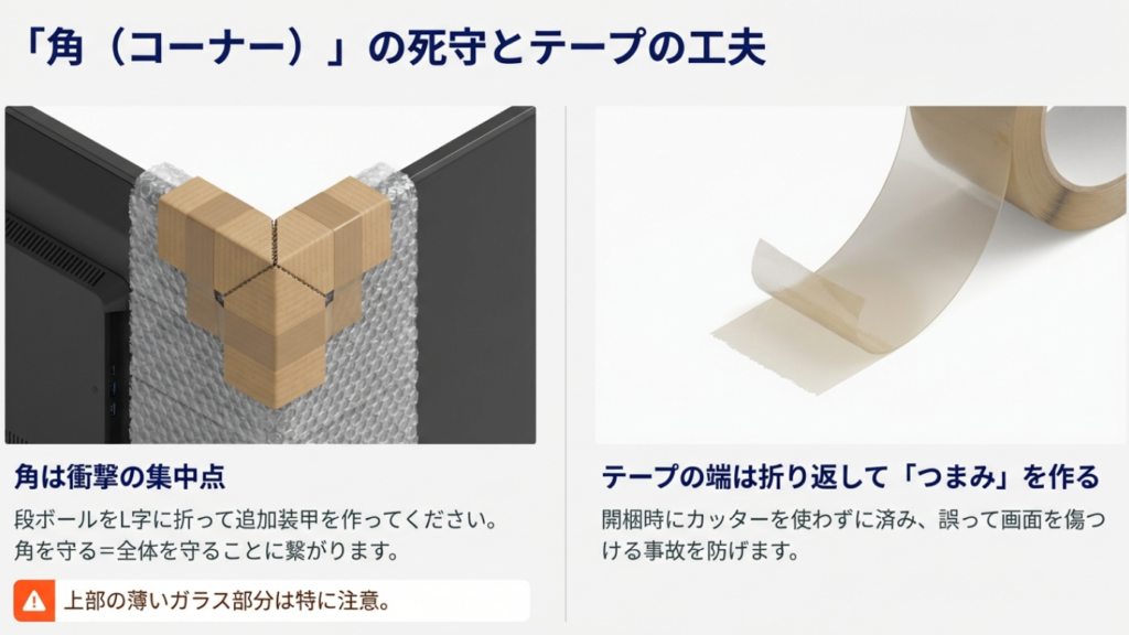 テレビの四隅をL字型の段ボールとプチプチで厚く保護している拡大図。