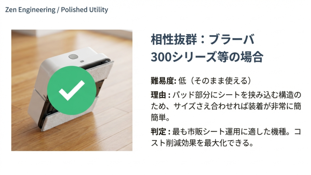 ブラーバ380jや390jなどの300シリーズは、市販シートを挟み込む構造のため装着が簡単で相性が良いことを示すイメージ。
