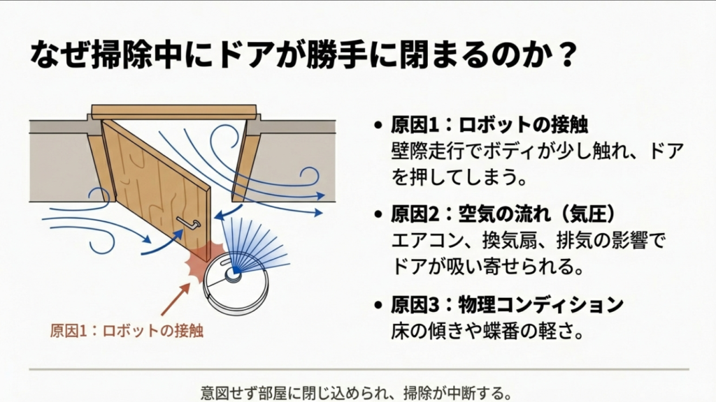 掃除中にドアが勝手に閉まる原因（接触・気圧・傾き）