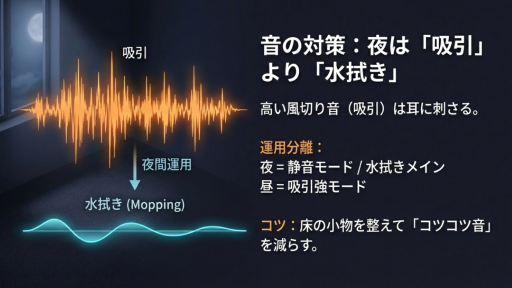 夜間運用は吸引より水拭き(静音モード)推奨の比較