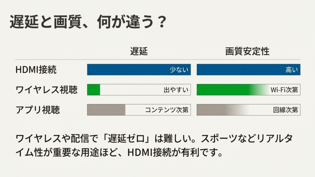 HDMI接続、ワイヤレス視聴、アプリ視聴における遅延の有無と画質の安定性を比較した表