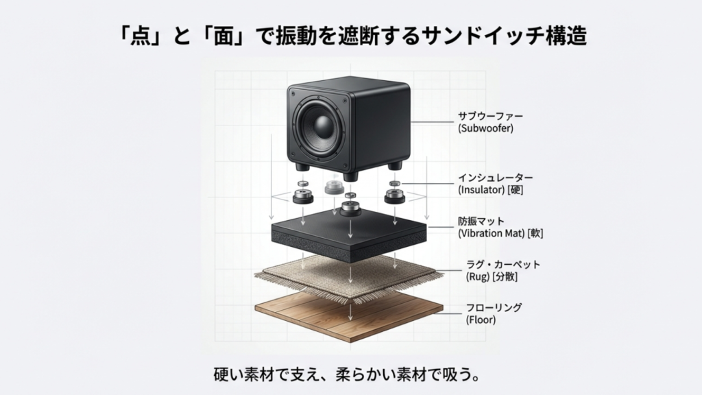 インシュレーターと防振マットとラグを重ねて振動を遮断する構造図