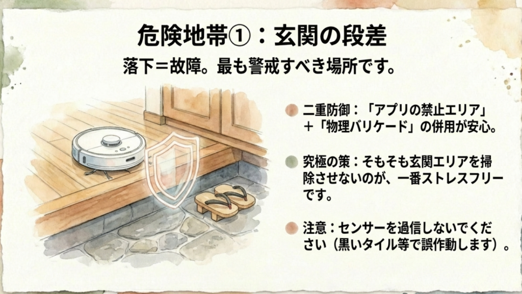 玄関でのロボット掃除機落下事故を防ぐための、アプリと物理バリケードの併用についての解説スライド