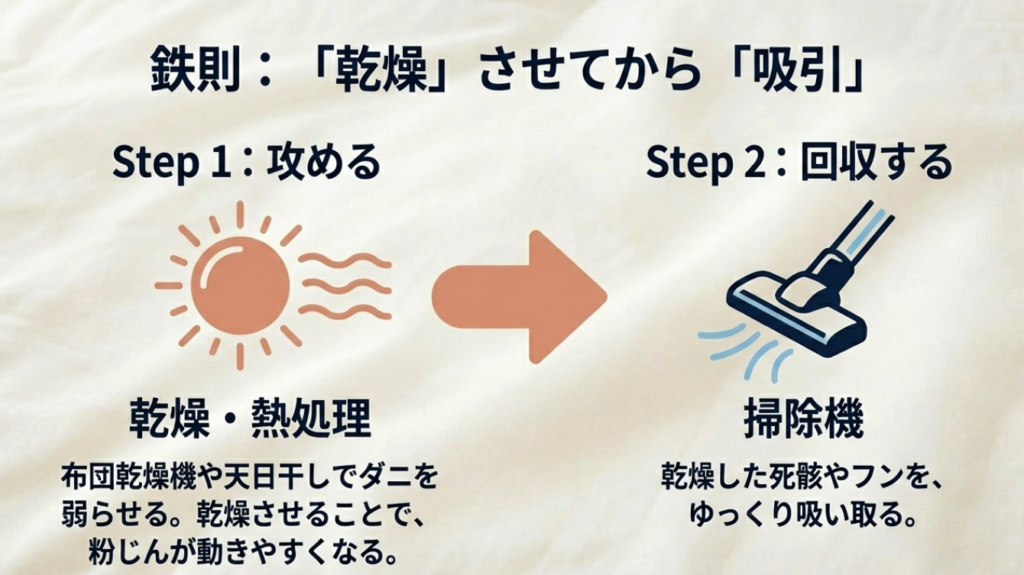 ダニ対策は乾燥してから掃除機で吸引する手順の図解
