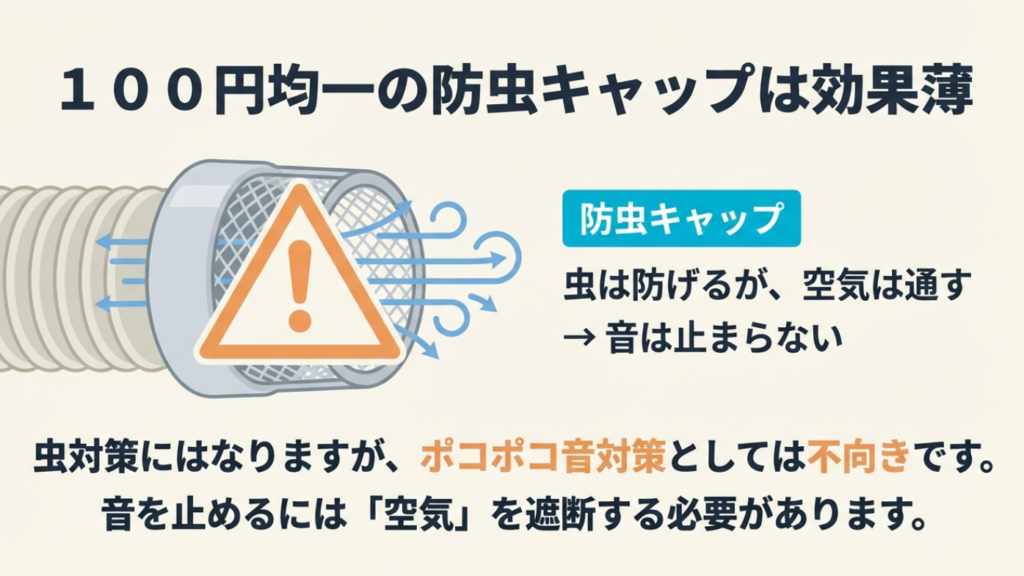 100均の防虫キャップは虫は防げるが空気は通すため、エアコンのポコポコ音対策には効果が薄いことを説明する図。