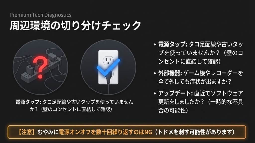テレビの電源が入らない時の周辺機器とコンセント切り分けチェック