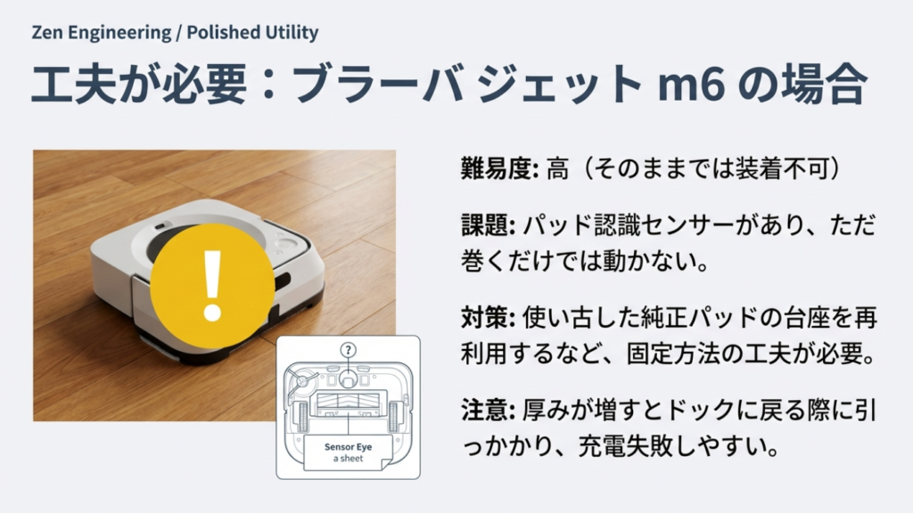 ブラーバジェットm6はパッド認識センサーがあるため、市販シートをそのまま巻いただけでは動作しない。アダプターや台座の再利用などの工夫が必要であることを示す図。