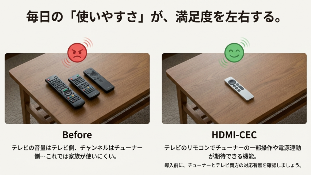 複数のリモコンで混乱する様子と、スマートな操作環境の比較イラスト