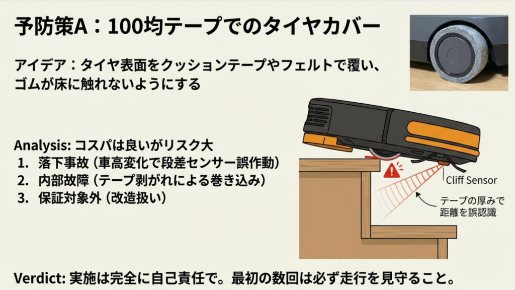タイヤにテープを貼ることで段差センサーが誤作動し、落下事故につながる図解