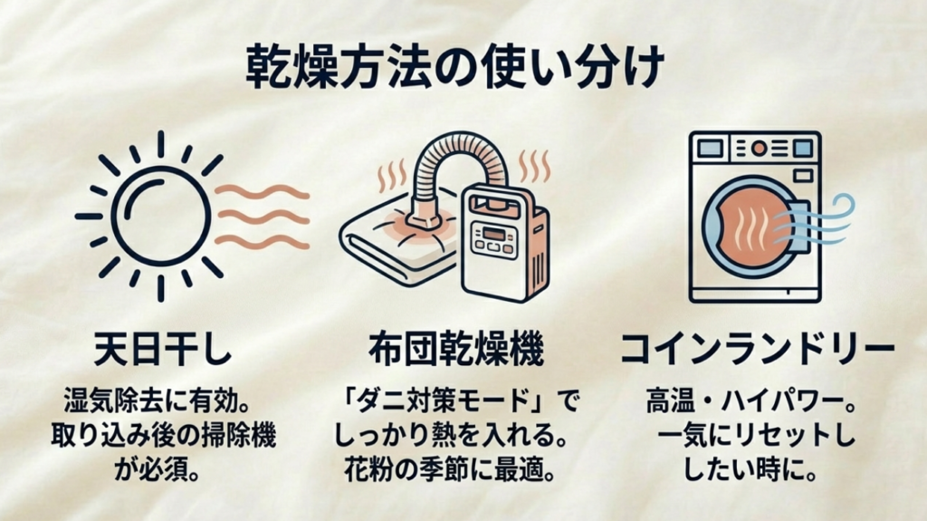 天日干しと布団乾燥機とコインランドリー乾燥機の使い分け