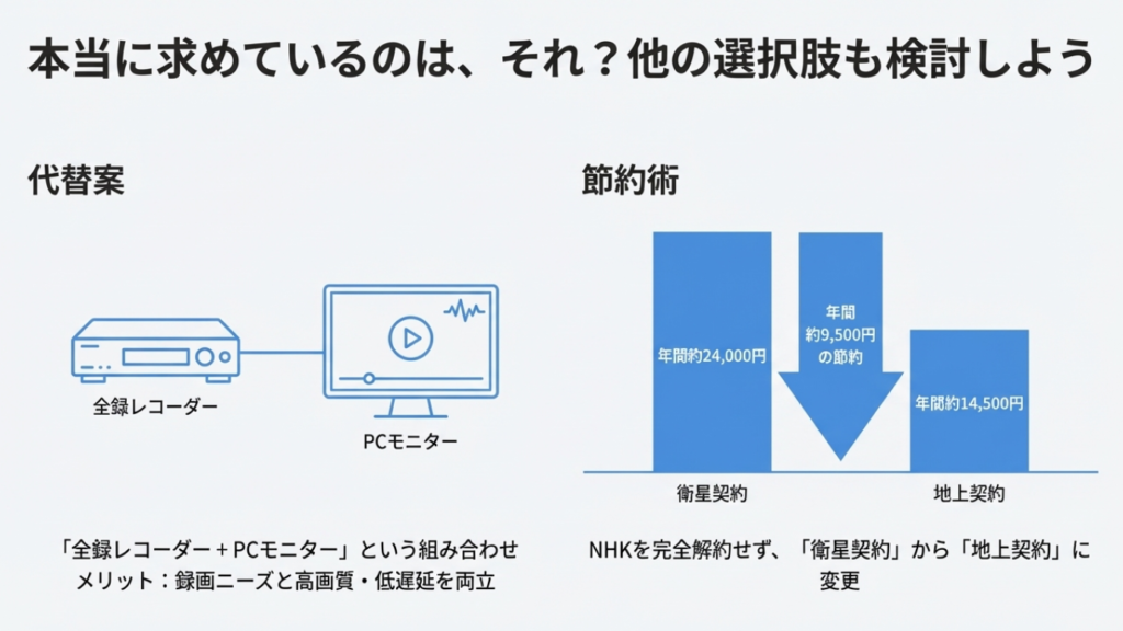 全録レコーダー＋PCモニターの接続図と、衛星契約から地上契約へ変更した場合の年間節約額グラフ