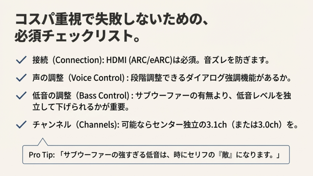 HDMI接続(eARC)、ダイアログ強調の段階調整、低音の独立調整など、購入前に確認すべきサウンドバーの機能一覧。
