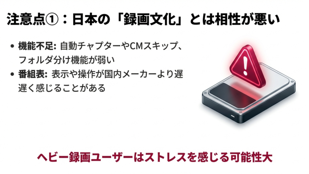 LGテレビの録画機能に関する注意点。自動チャプターやCMスキップ、フォルダ分け機能が弱く、番組表の操作が国内メーカーより遅く感じることがあるため、ヘビー録画ユーザーは注意が必要であることを示す警告図。