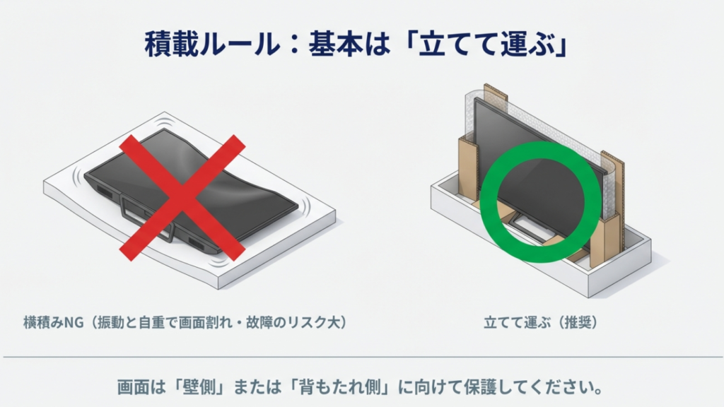 液晶テレビを寝かせて運ぶ横積みにバツ印がついたイラスト。振動による画面割れを防ぐため立てて運ぶことを推奨。