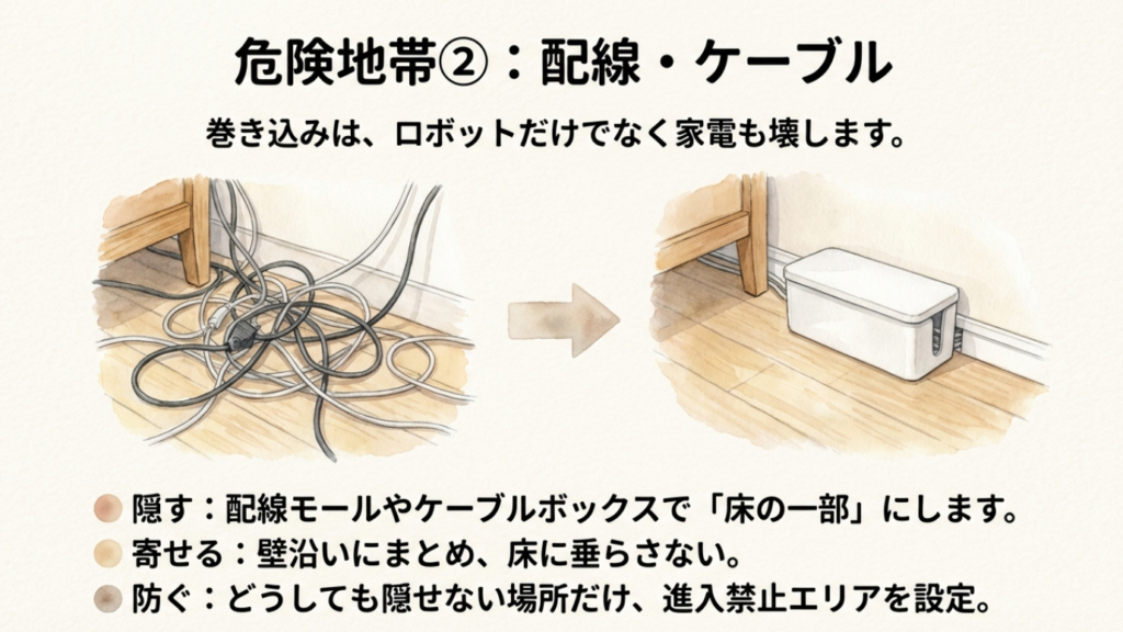床で複雑に絡まった電源コードのイラストと、モールやボックスで隠す対策法の解説