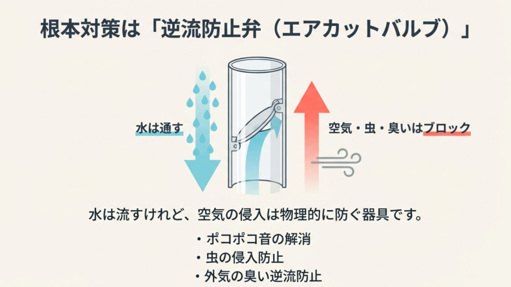 逆流防止弁は水を通しつつ、空気・虫・臭いの逆流を物理的にブロックする仕組みの解説図。