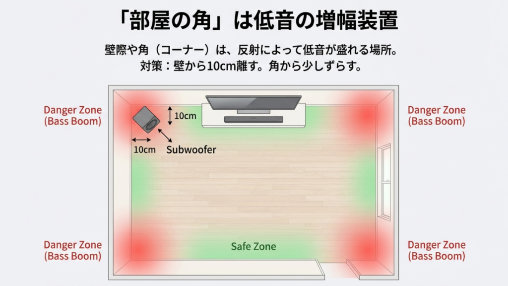 窓サッシや換気口など隙間から音が漏れるためカーテンと隙間対策が有効な図