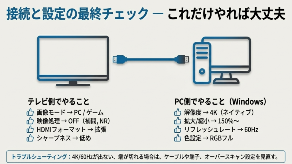 テレビをモニターとして正しく接続できているか確認する最終チェックリスト。画像モード、HDMI拡張、リフレッシュレート、RGBフルレンジ設定の確認項目。