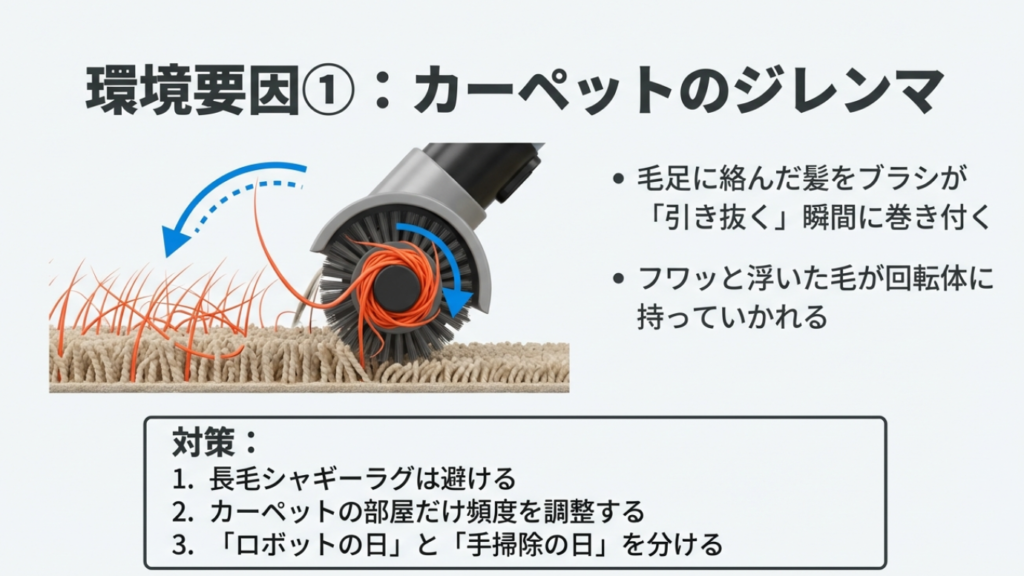 カーペットの毛足にある髪の毛をブラシがかき出し、浮いた瞬間に回転体に巻き込まれる様子の図解。