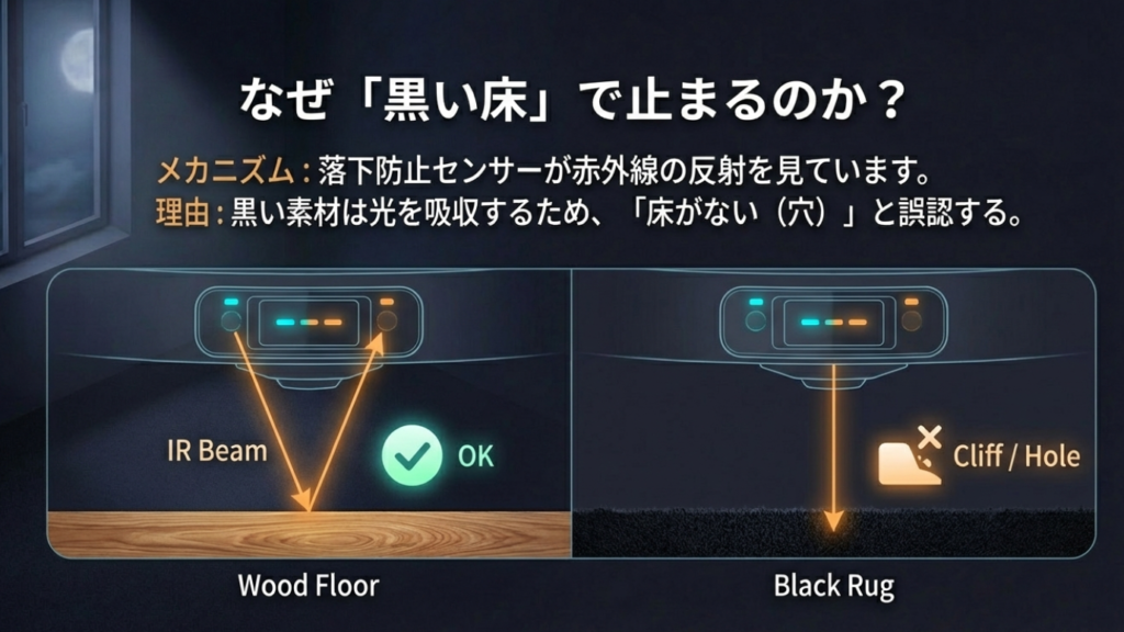 ロボット掃除機が黒い床で止まるクリフセンサーの仕組み