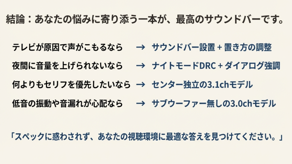 声のこもり、夜間視聴、セリフ優先、振動対策など、ユーザーの悩み別におすすめの解決策をまとめた結論チャート。