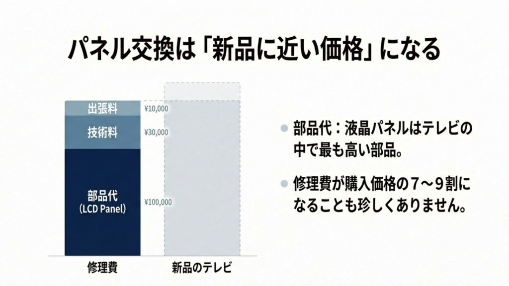 修理費用の内訳（出張料、技術料、部品代）を示す図。パネル交換は新品購入価格の7〜9割に達することもあるという注意喚起。