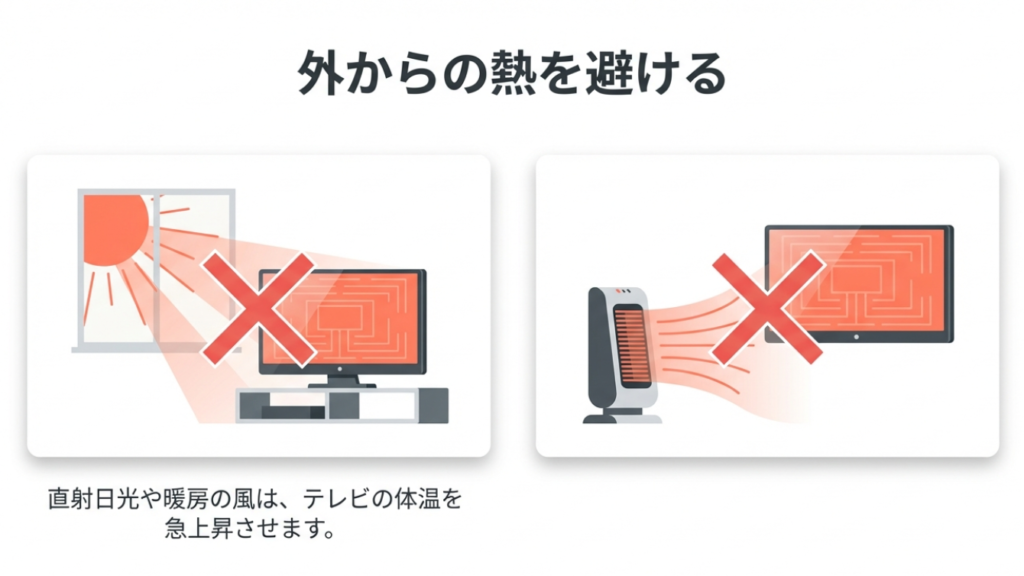 テレビに直射日光や暖房の風が当たっているNG例のイラスト