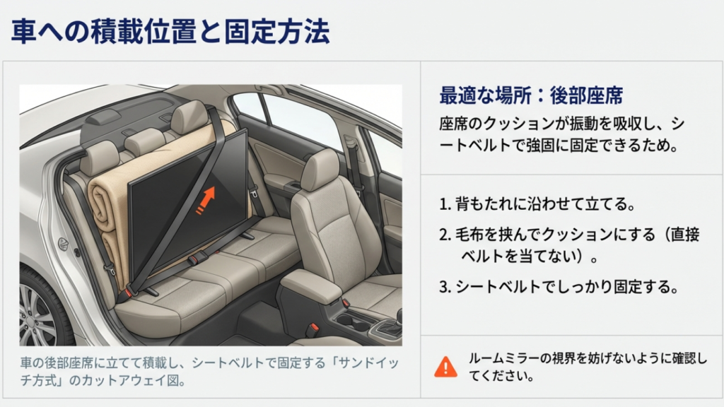 乗用車の後部座席にテレビを立て、毛布で保護した上からシートベルトで固定している断面図。