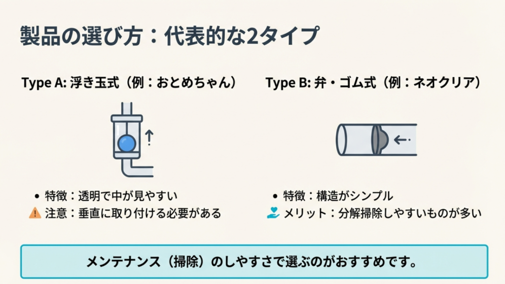 逆流防止弁の代表的な2タイプ（浮き玉式のおとめちゃん、弁・ゴム式のネオクリア等）の特徴とメリット・デメリット比較図。