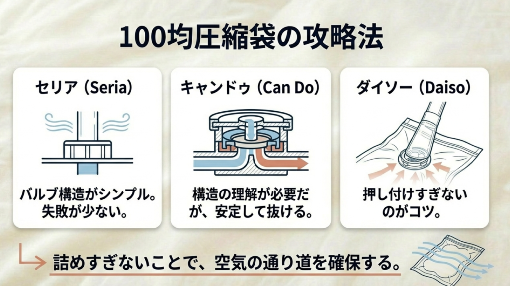 セリアとキャンドゥとダイソーの圧縮袋バルブ攻略ポイント比較
