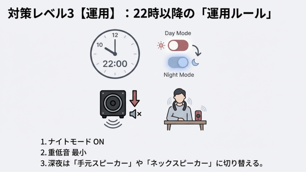 22時以降はナイトモードと低音最小、深夜は手元スピーカーへ切り替える運用図