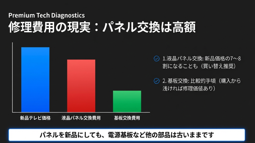 液晶パネル交換と電源基板交換の修理費用比較イメージ（パネルは高額になりやすい）