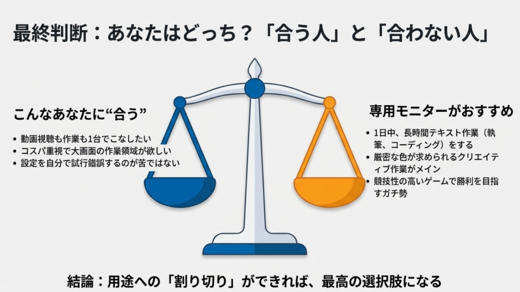 動画と作業を1台でこなしたい人はテレビ代用がおすすめ、長時間執筆やガチゲーマーは専用モニターがおすすめ、という適性の比較図。