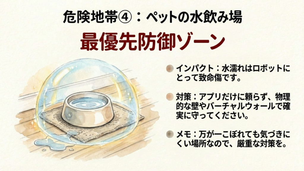 ロボット掃除機による水こぼし事故を防ぐための重要性と対策を記したスライド