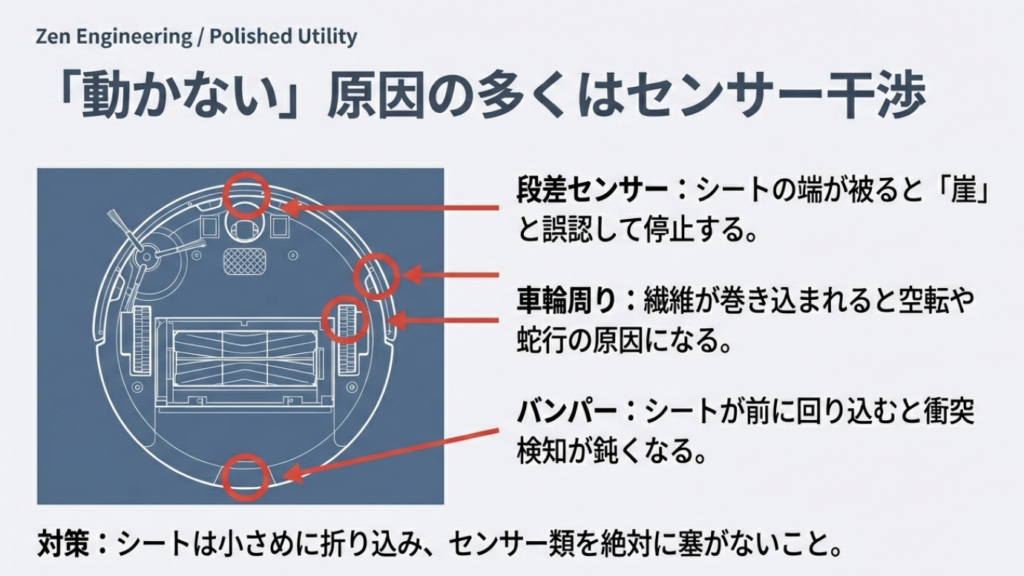 ロボット掃除機の底面図解。段差センサー、車輪周り、バンパー可動部など、市販シートが干渉してはいけない重要なセンサー位置を示した図。