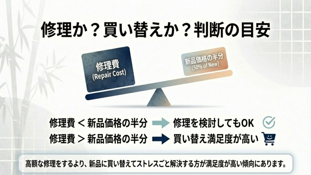 天秤のイラスト。修理費が新品価格の半分以下の場合は修理検討、半分を超える場合は買い替え推奨という判断基準の図解。