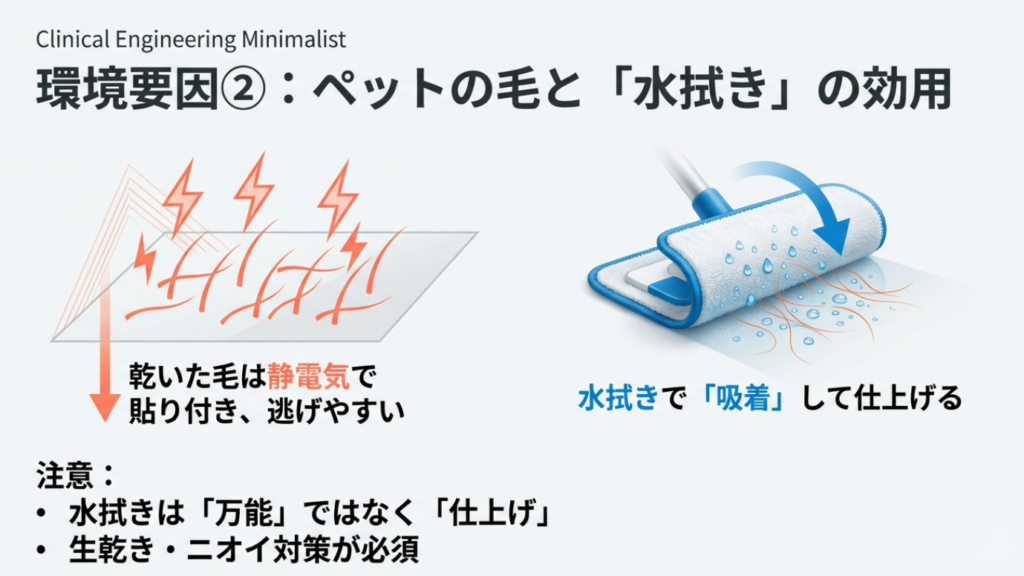静電気で張り付く乾いた毛に対し、水拭きモップが吸着して仕上げ拭きを行うイメージイラスト。