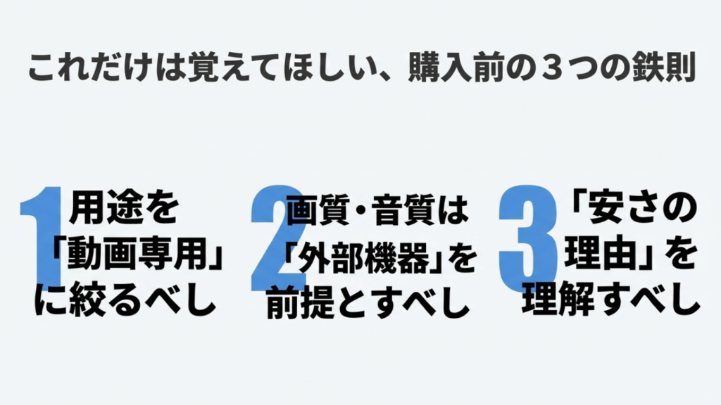 用途を動画専用に絞る、外部機器を活用する、安さの理由を理解するという3つの購入鉄則