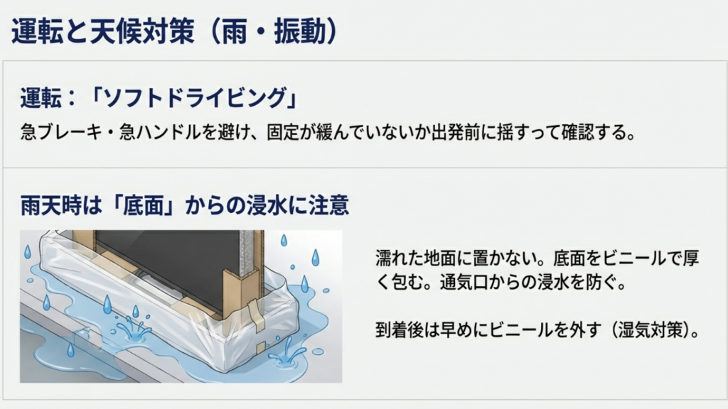 テレビの底面をビニールで包み、地面からの水の跳ね返りを防いでいるイラスト。