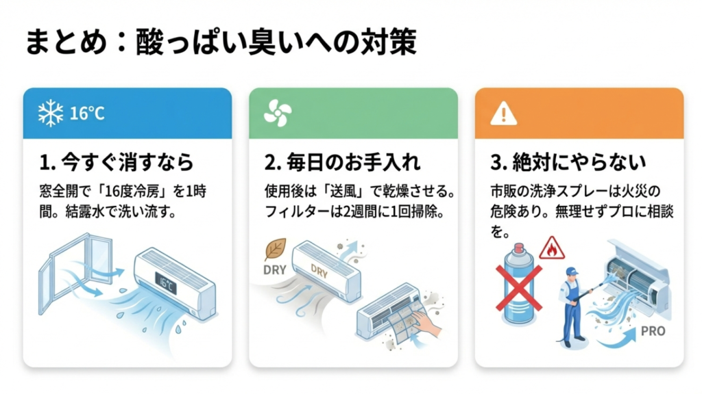 今すぐ消す16度冷房、毎日の送風乾燥、やってはいけないスプレー洗浄などの要点をまとめたイラスト。