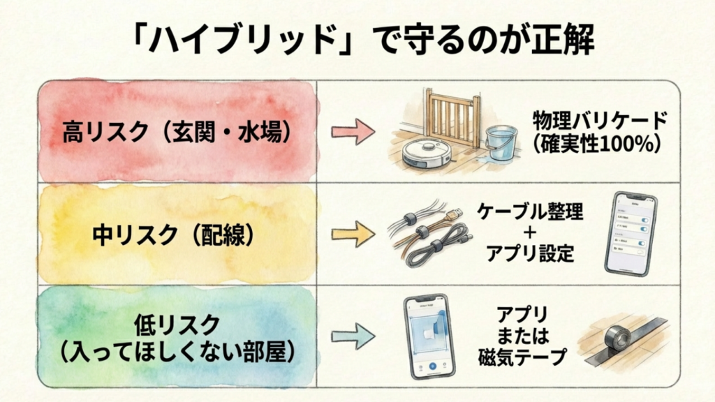 高リスクな場所は物理、中リスクは整理、低リスクはアプリと使い分けるハイブリッド対策の表
