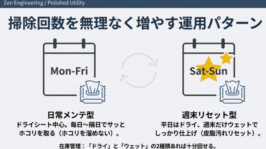 ロボット掃除機の運用スケジュール例。平日はドライシートでホコリを取り、週末だけウェットシートでしっかり水拭きをする「週末リセット型」の運用カレンダー。