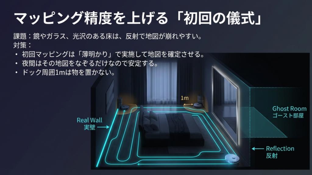 鏡やガラスによるマッピングの乱れと対策