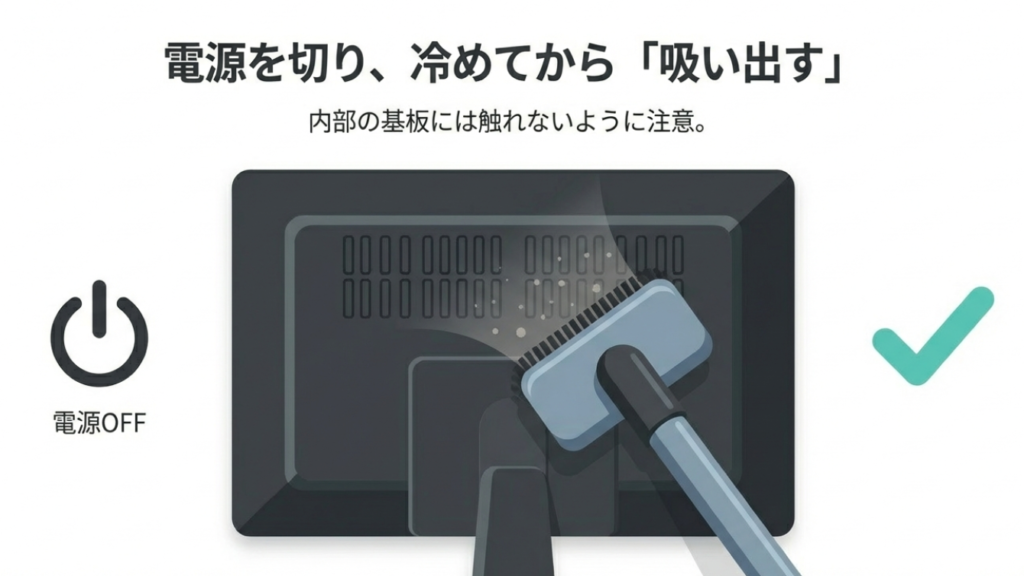 テレビの背面通風孔を掃除機のブラシノズルで掃除しているイラスト